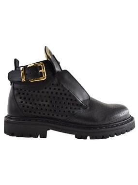 Balmain King Taiga Ranger Black Leather Perforated Gold Biker Moto Short Boot 36